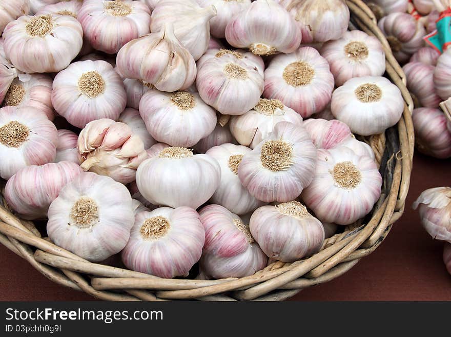 Details of garlics on market stall