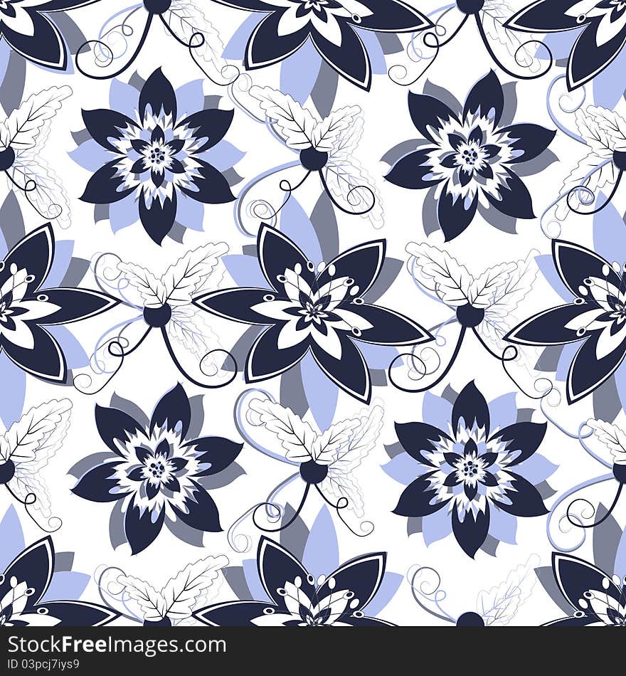 White seamless floral pattern with blue flowers