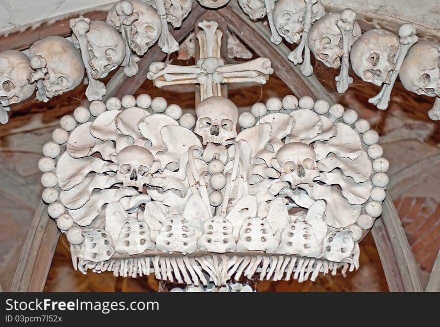 Crown made of bones in Sedlec Ossuary, Kutna Hora, Czech Republic. Crown made of bones in Sedlec Ossuary, Kutna Hora, Czech Republic.