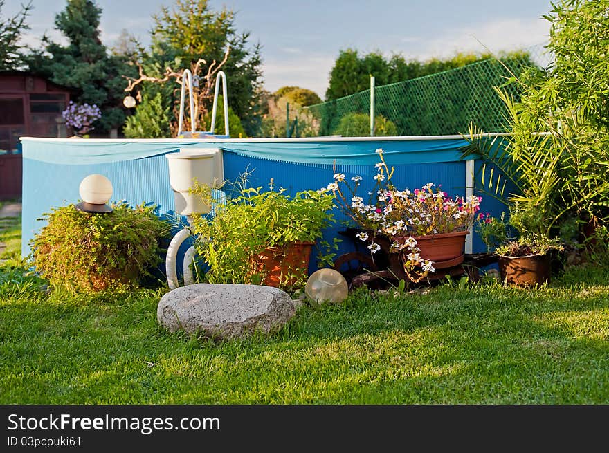 Swimming pool in a garden during the sunset time.