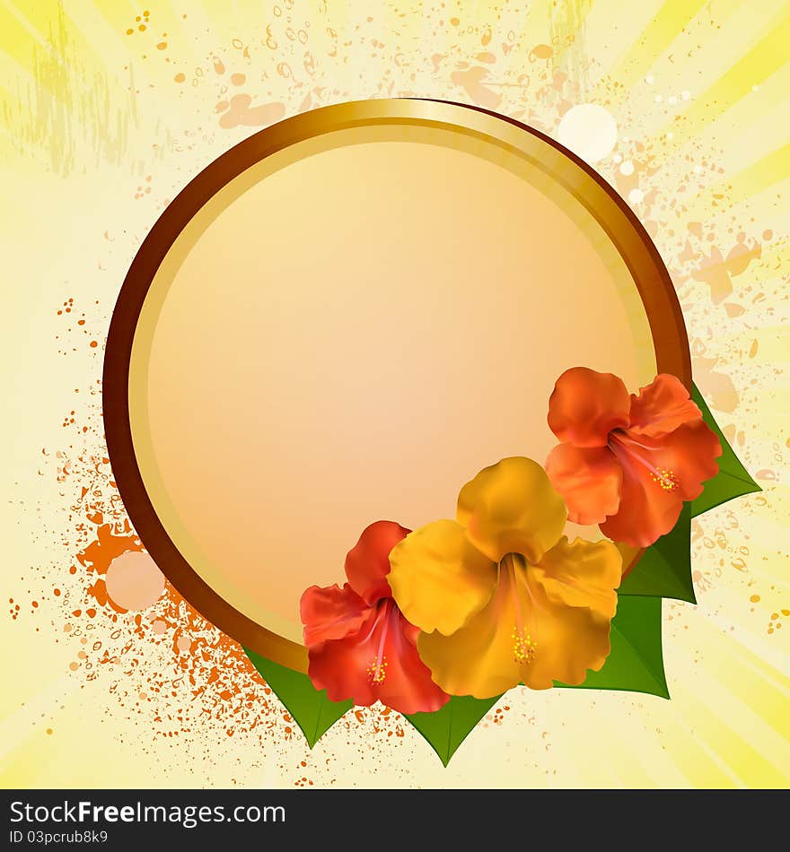 Orange and yellow hibiscus flowers on a circular black with gold edge against a grunge background. Orange and yellow hibiscus flowers on a circular black with gold edge against a grunge background