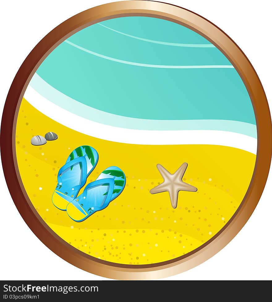 Tropical beach with flip flops, sea and starfish in a gold edged border. Tropical beach with flip flops, sea and starfish in a gold edged border