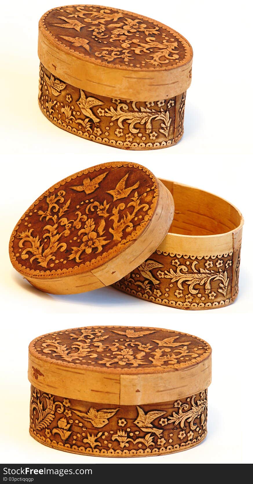 Box of elm ornamented with birds set on white. Front view, side view, open view.