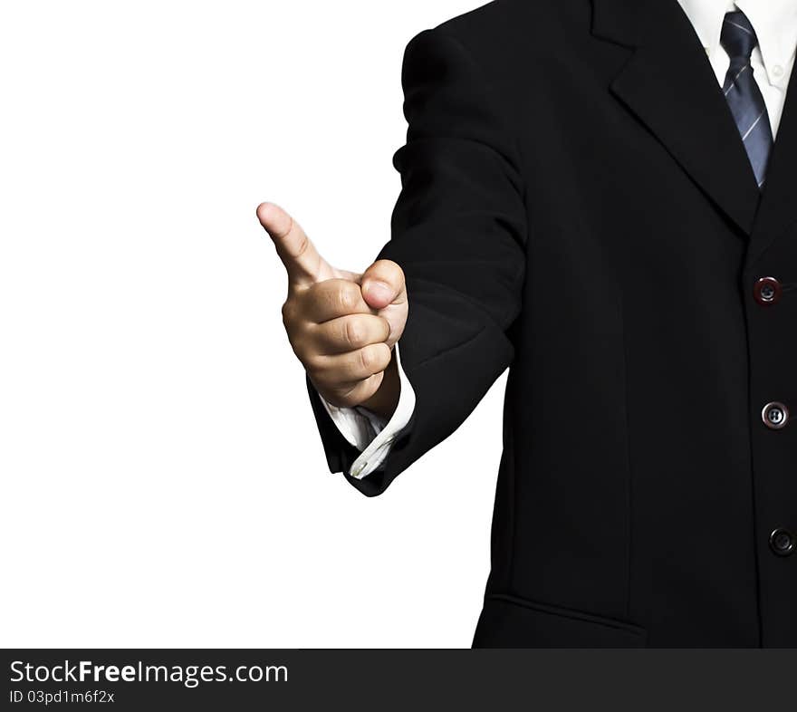 A businessman pointing over white background