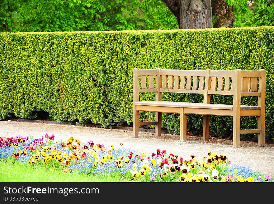 Wooden bench in the garden of Cesky Krumlov palace