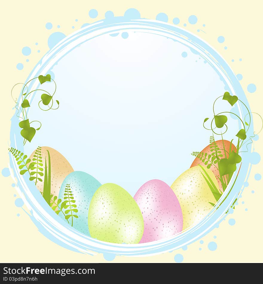 Speckled easter eggs inside a blue border with ferns, grasses and flowers. Speckled easter eggs inside a blue border with ferns, grasses and flowers