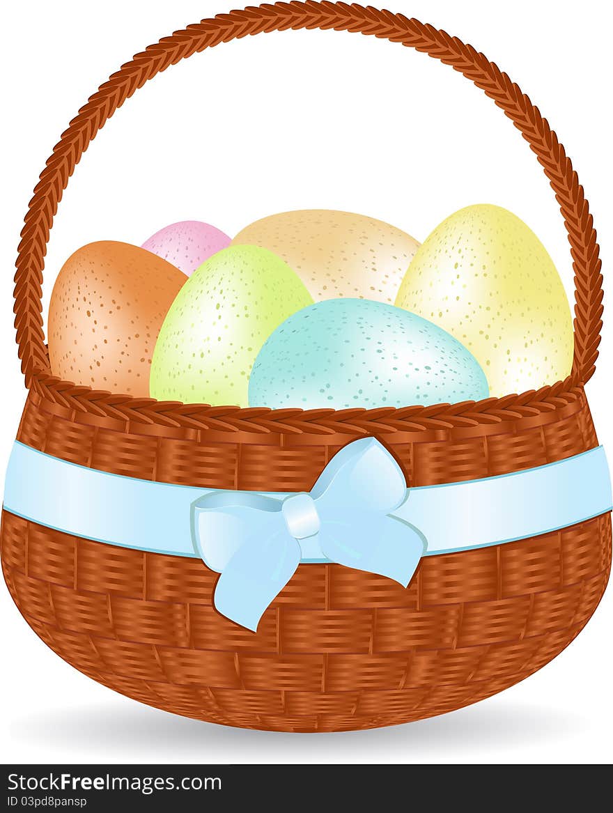 Decorated easter eggs in a wicker basket with a blue ribbon. Decorated easter eggs in a wicker basket with a blue ribbon