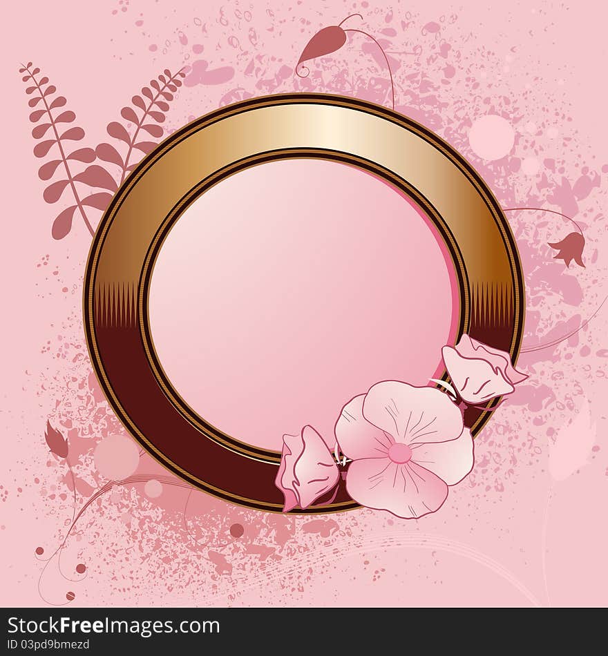 Ornate gold border on a pink background with flowers, ferns and grunge. Ornate gold border on a pink background with flowers, ferns and grunge