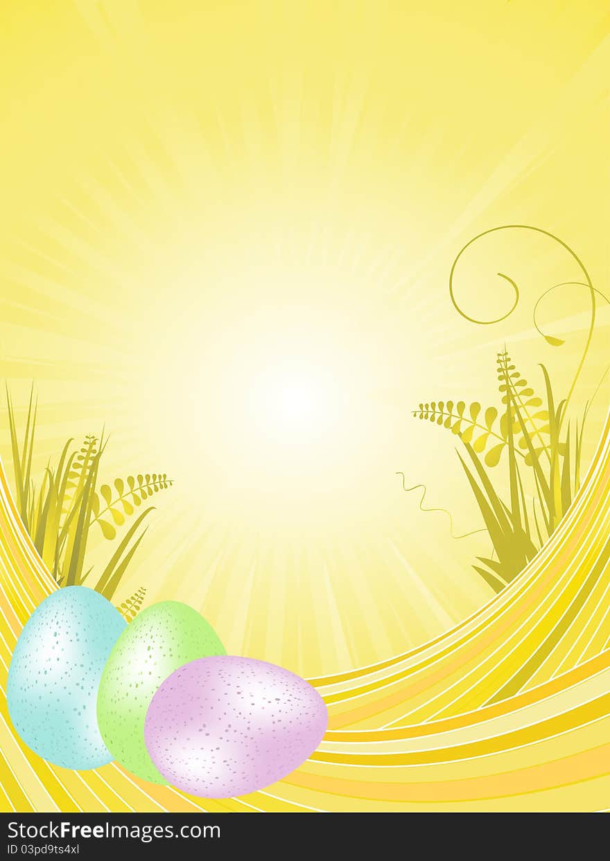 Tranquil spring background with speckled easter eggs on waves with grasses. Tranquil spring background with speckled easter eggs on waves with grasses