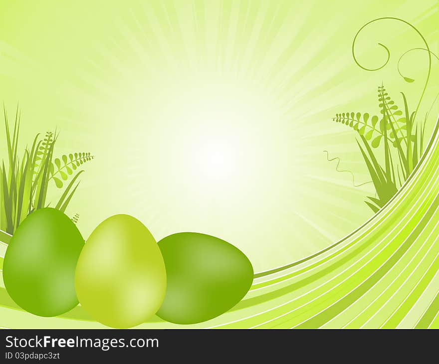 Tranquil spring background with green painted easter eggs on waves with grasses. Tranquil spring background with green painted easter eggs on waves with grasses