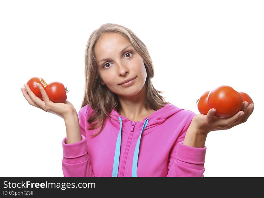 Woman with tomatoes, isolated on white