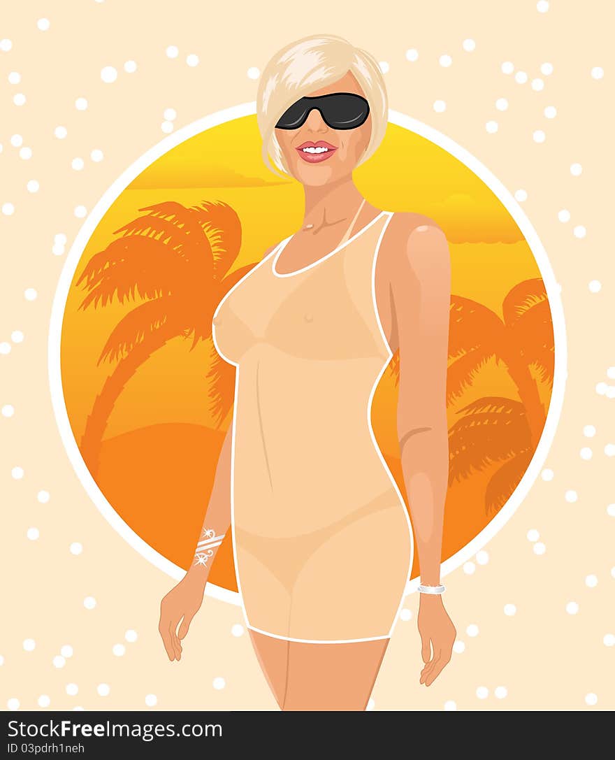 Illustration pretty girl on summer background - vector