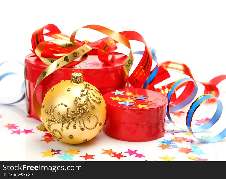 Gifts and New Year's ornaments on a white background