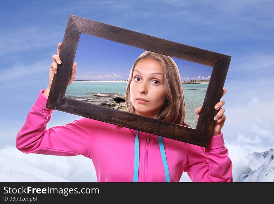 Woman Holding Frame, travel concept