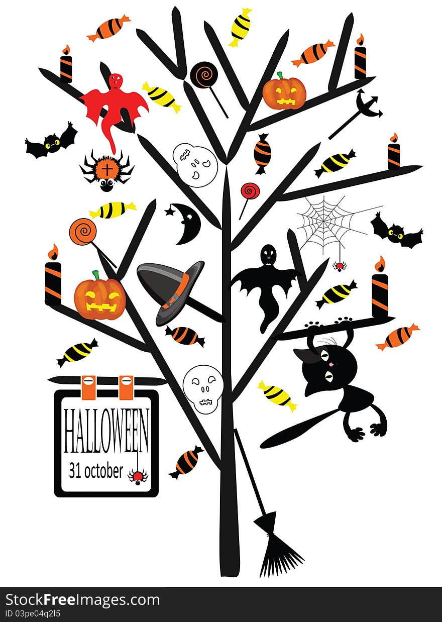 Halloween tree with halloween elements,isolated.