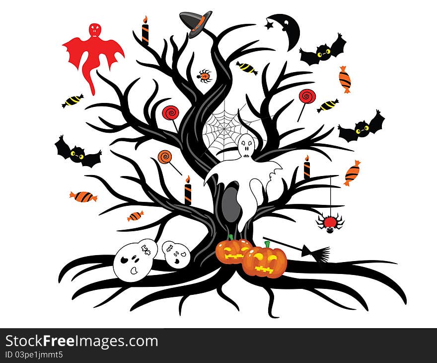 Halloween tree with halloween elements,isolated.