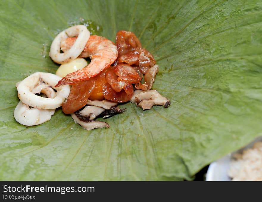 Thai fried rice in lotus leaf package