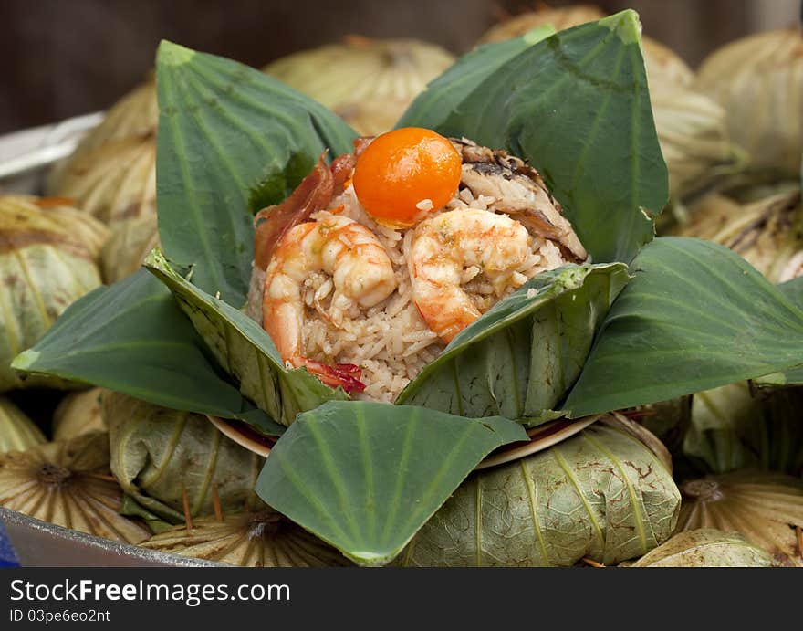 Thai fried rice in lotus leaf package