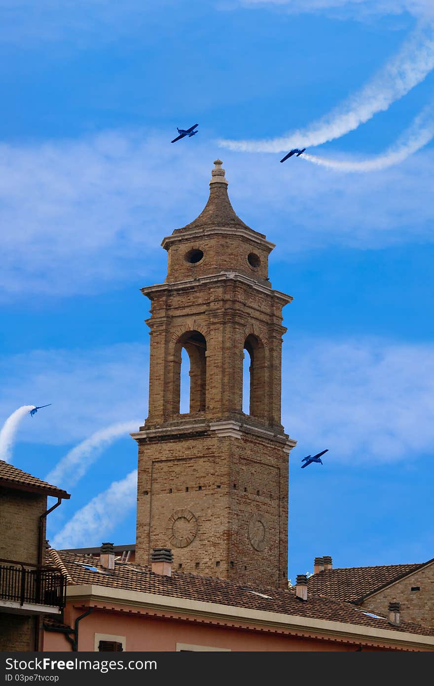 An illustration on romanic church in italy on blue sky with clouds and acrobatics airplanes. An illustration on romanic church in italy on blue sky with clouds and acrobatics airplanes