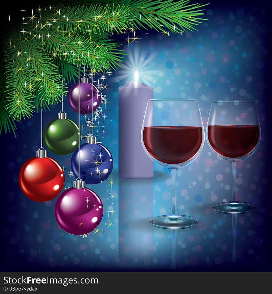 Abstract Christmas greeting with wine glasses and candle