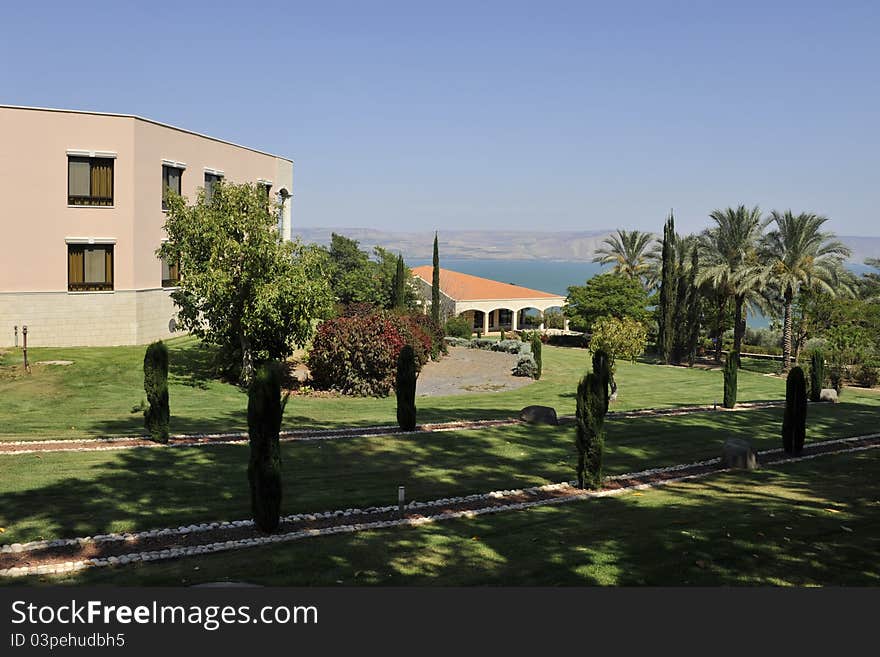 Pilgrim hostel on Mt. Beatitudes near sea of Galilee, Israel. Pilgrim hostel on Mt. Beatitudes near sea of Galilee, Israel.