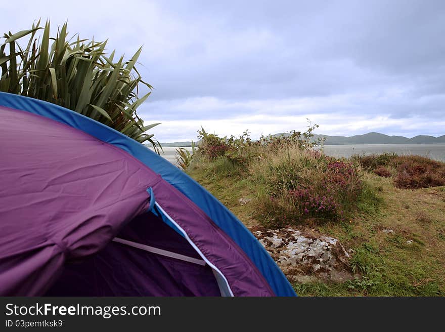 Tent at campsite on the edge of the coast of kerry in ireland. Tent at campsite on the edge of the coast of kerry in ireland