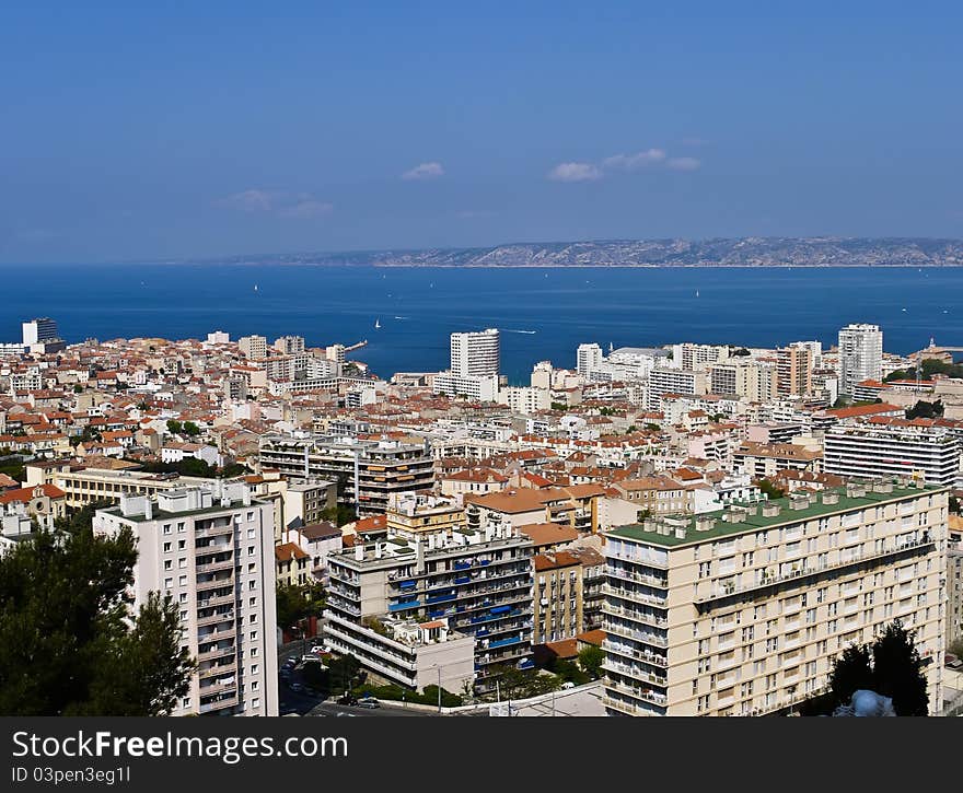 Aerial view of Old Port of Marseille city , France. Aerial view of Old Port of Marseille city , France