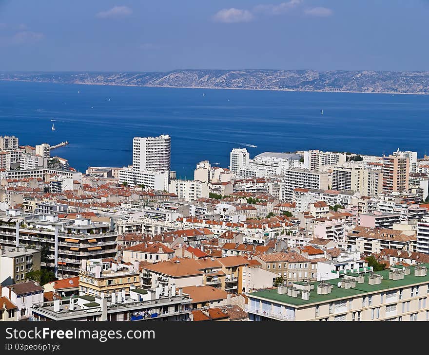 Aerial view of Old Port of Marseille city , France