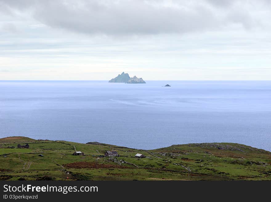 Scenic view in kerry ireland of coastline and skellig rock. Scenic view in kerry ireland of coastline and skellig rock