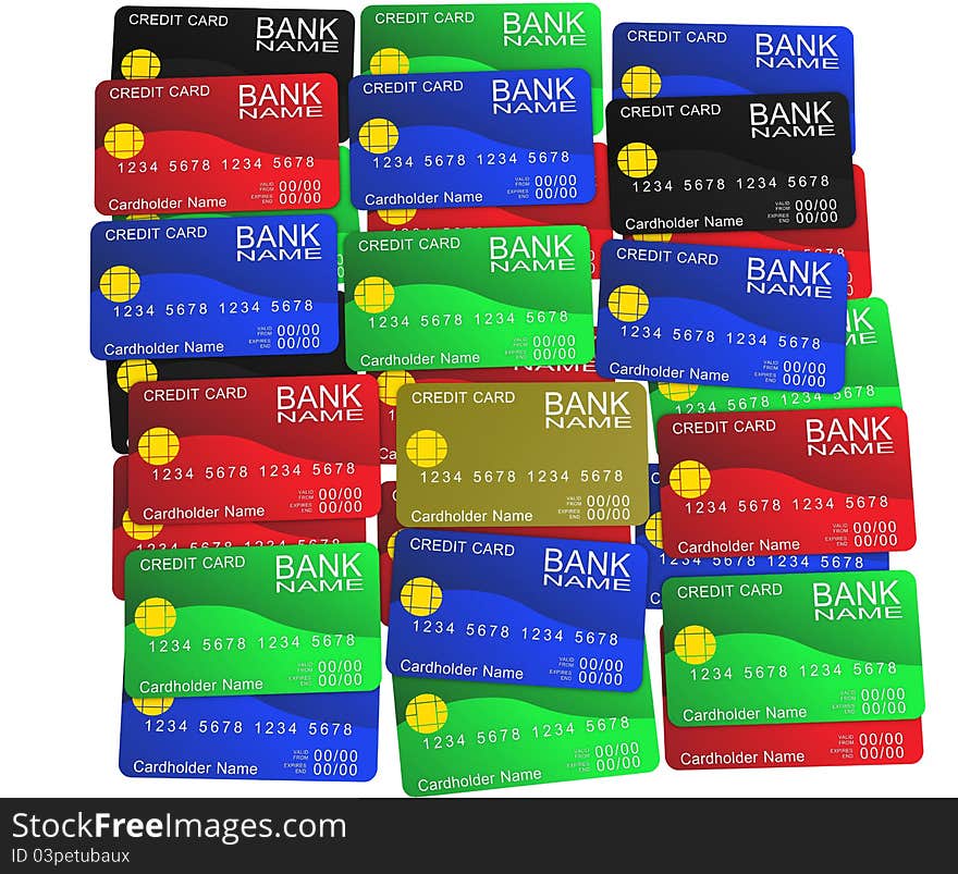 A layer of colored credit cards. 3d rendering