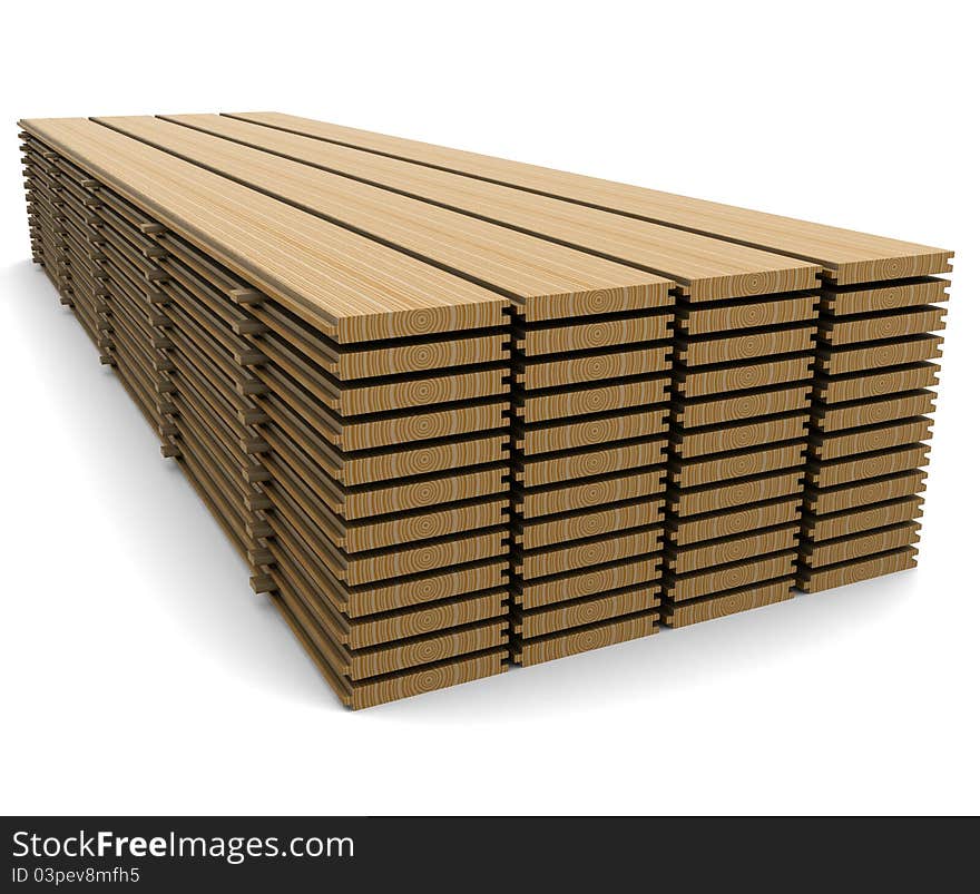 A stack of pine boards on a white background