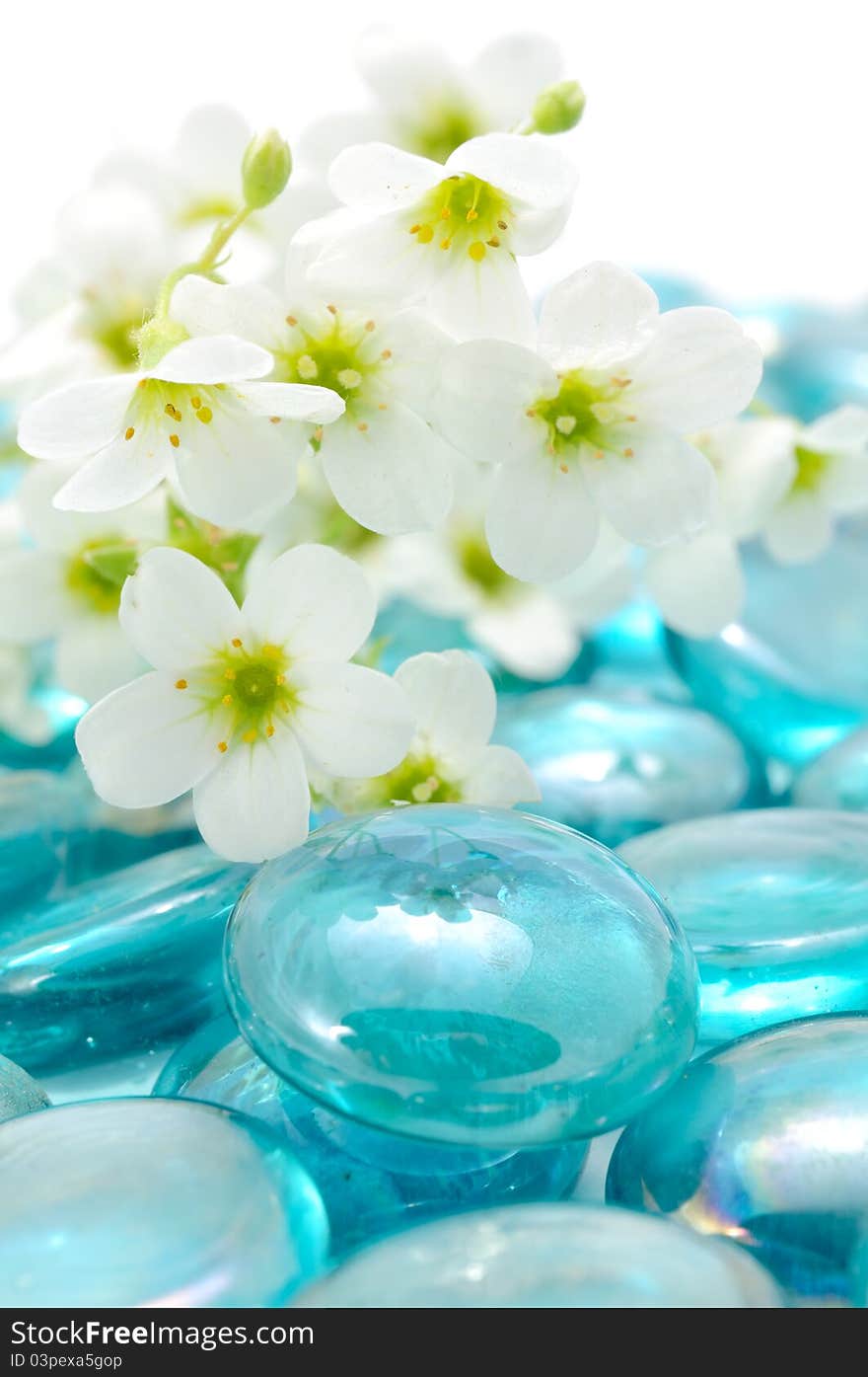 White Flowers on Blue Glass Stones