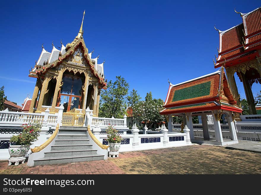 Beautiful Architecture of Thai Temple in Nonthaburi province with clear sky