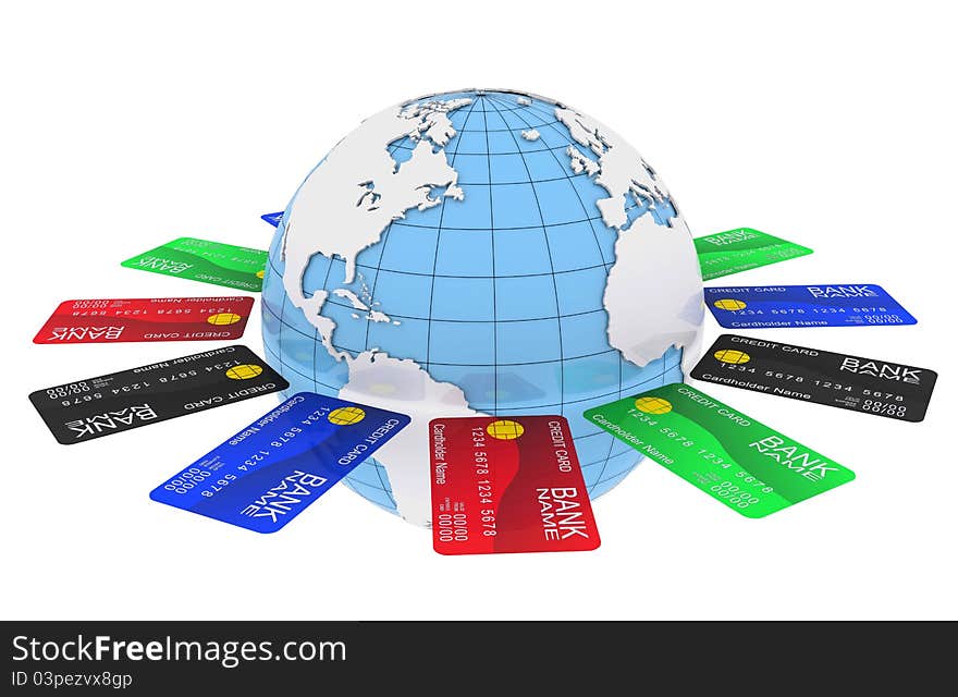 Multicolored bank cards around the Earth. 3d rendering