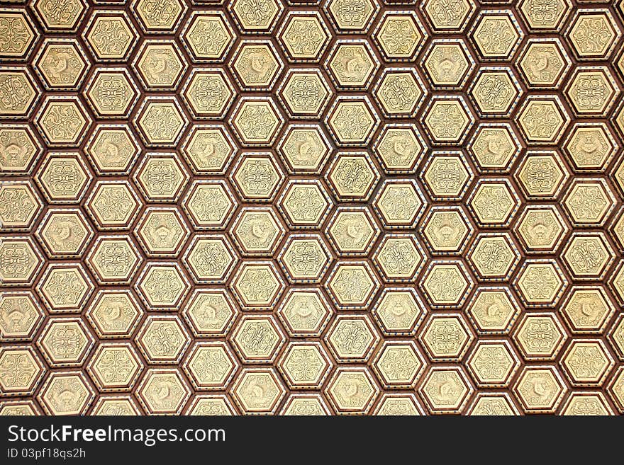 Detail of the roof of the Plaza of Spain in Seville, composed of hexagons handmade wood and ceramics. Detail of the roof of the Plaza of Spain in Seville, composed of hexagons handmade wood and ceramics.