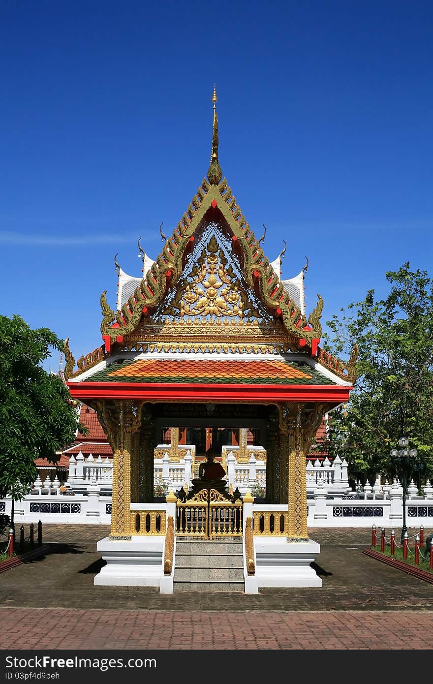 Beautiful Architecture of Thai Temple with nice sky at Bangphai wat in Nonthaburi province, Thailand