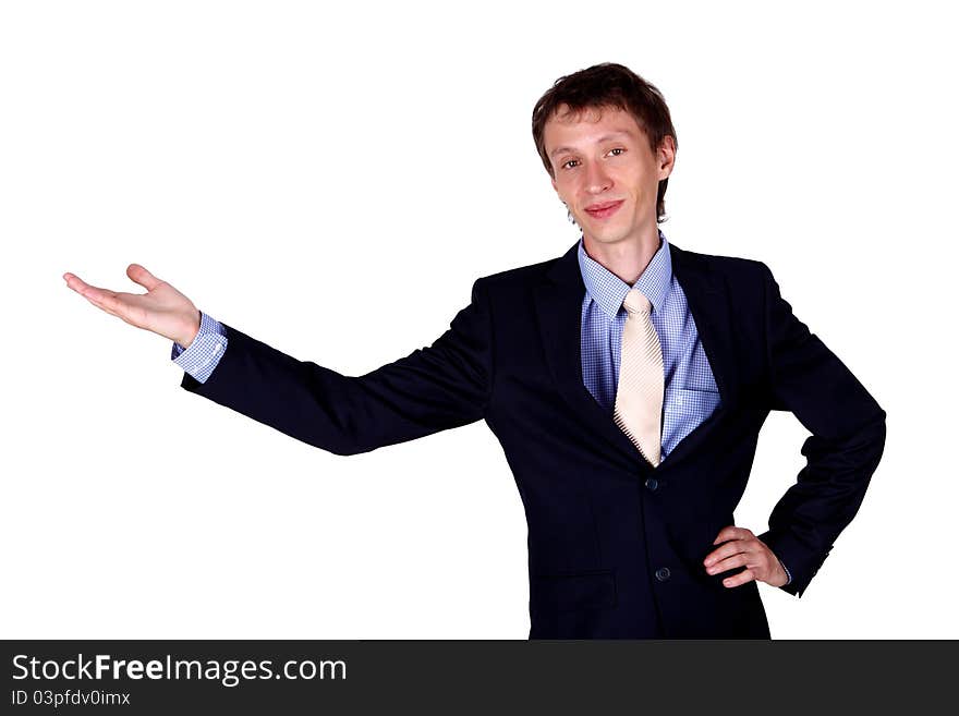 Young business man gesturing in studio isolated