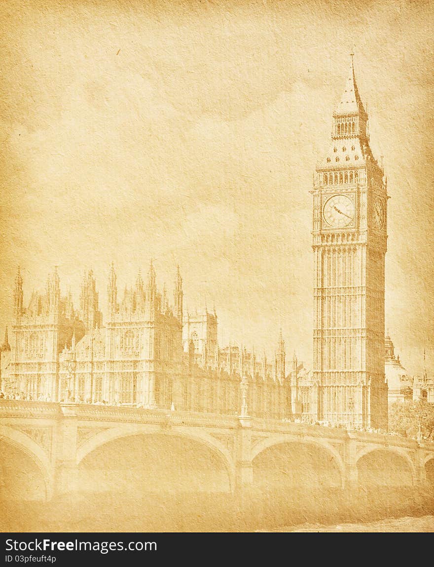 Vintage paper textures. Buildings of Parliament with Big Ben  tower in London UK view from Themes river. aged paper texture.