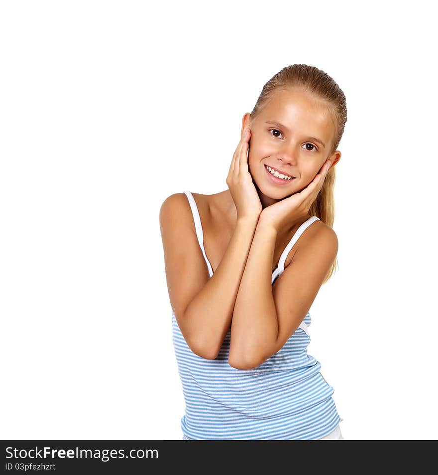 Portrait of pretty teenage girl in studio against white background