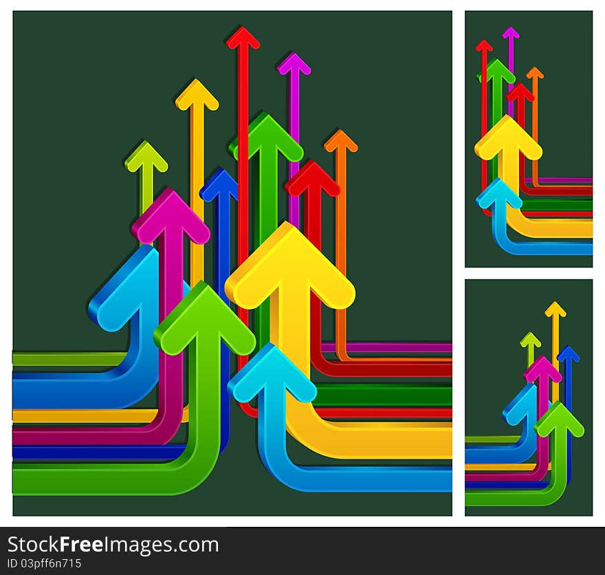 Colored up arrows on black, abstract background, vector illustration