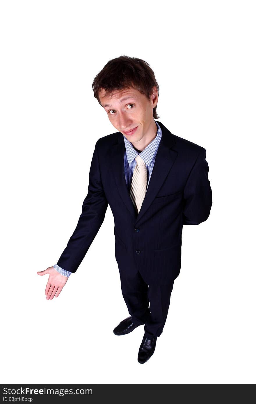 Young business man gesturing in studio isolated