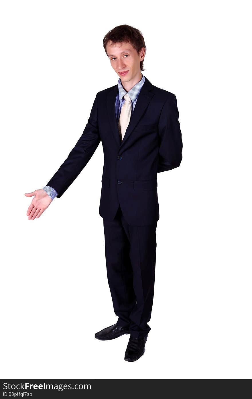 Young business man gesturing in studio isolated