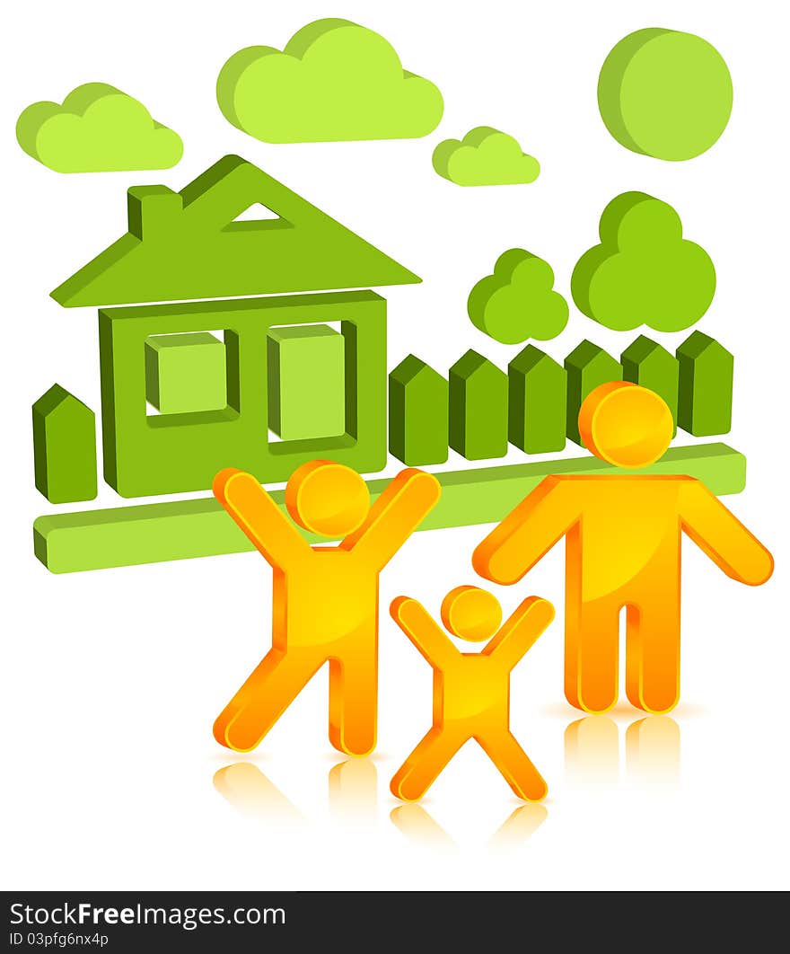 Sticker with family, house, fence and plant, vector illustration