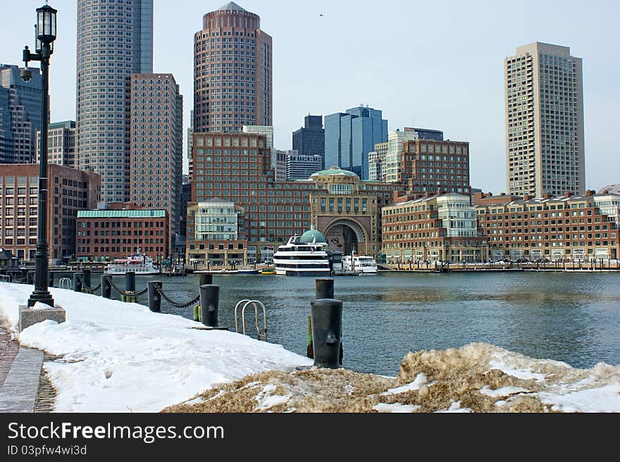 Bostons Rowes wharf with ships in winter