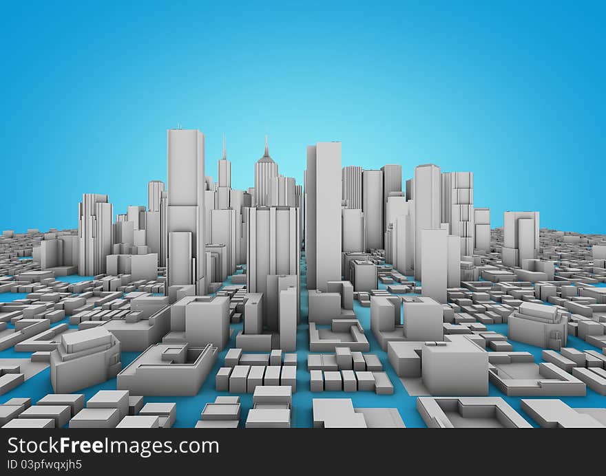 Render of a white city on a beautiful blue background. Render of a white city on a beautiful blue background