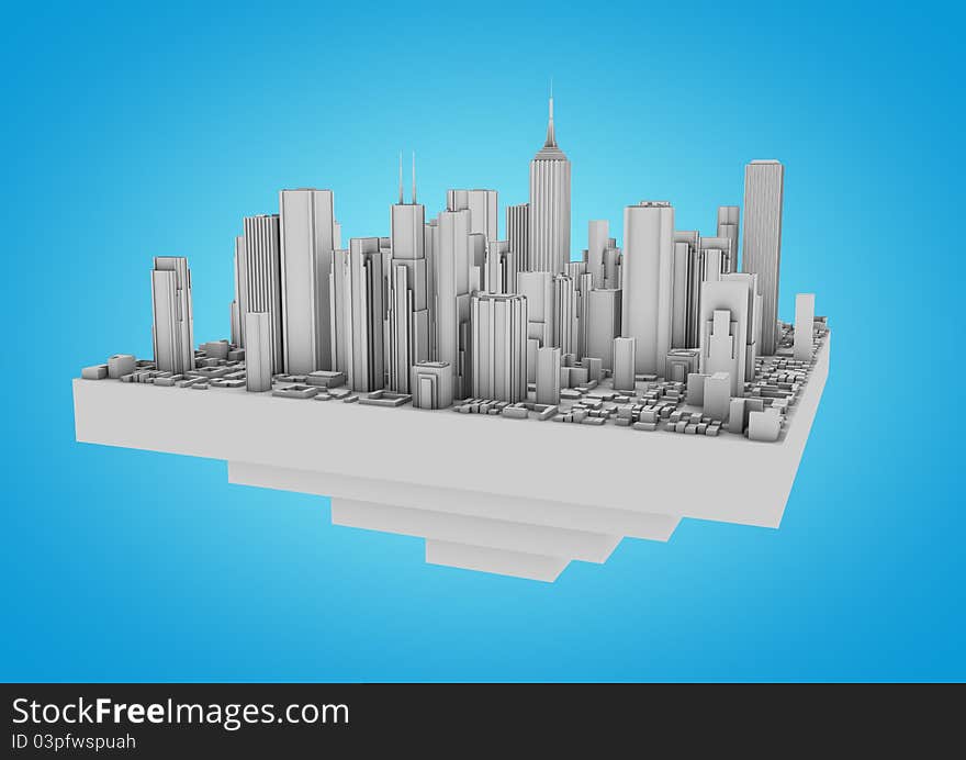 Render of a white floating city on a blue background