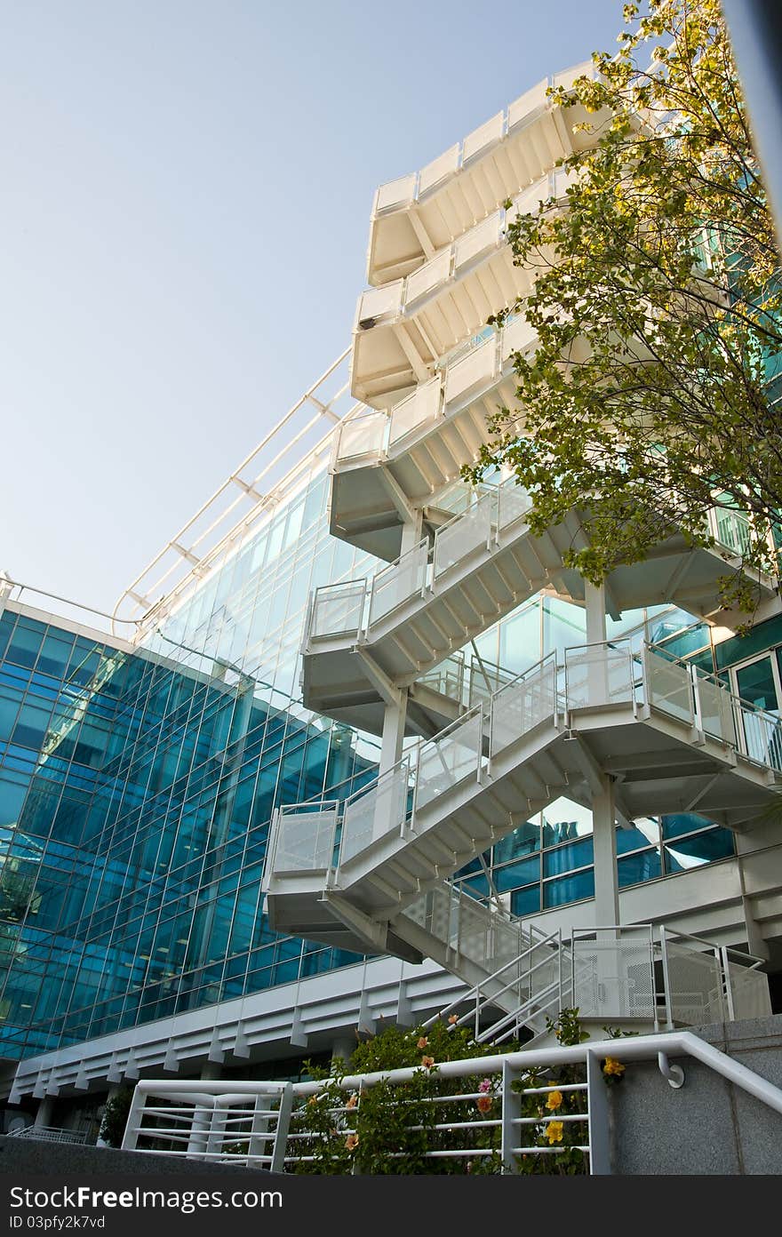A office building with external stairs