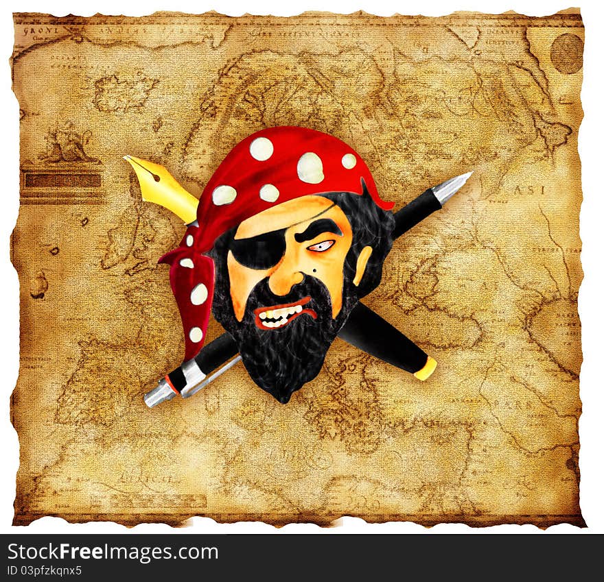 Pirate face with a eye-fold and a golden tooth, in a ancient map background, pen and a pencil as crossbones. Pirate face with a eye-fold and a golden tooth, in a ancient map background, pen and a pencil as crossbones.