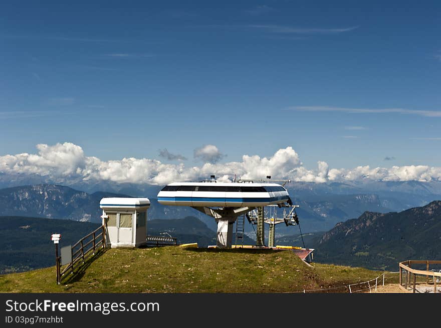 Arrival of the lift and panoramic mountain ranges of the Alps. Arrival of the lift and panoramic mountain ranges of the Alps