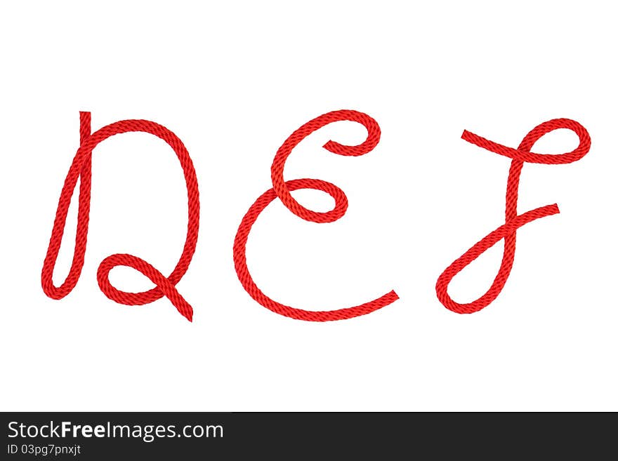 Red fiber rope bent in the form of letter D,E,F